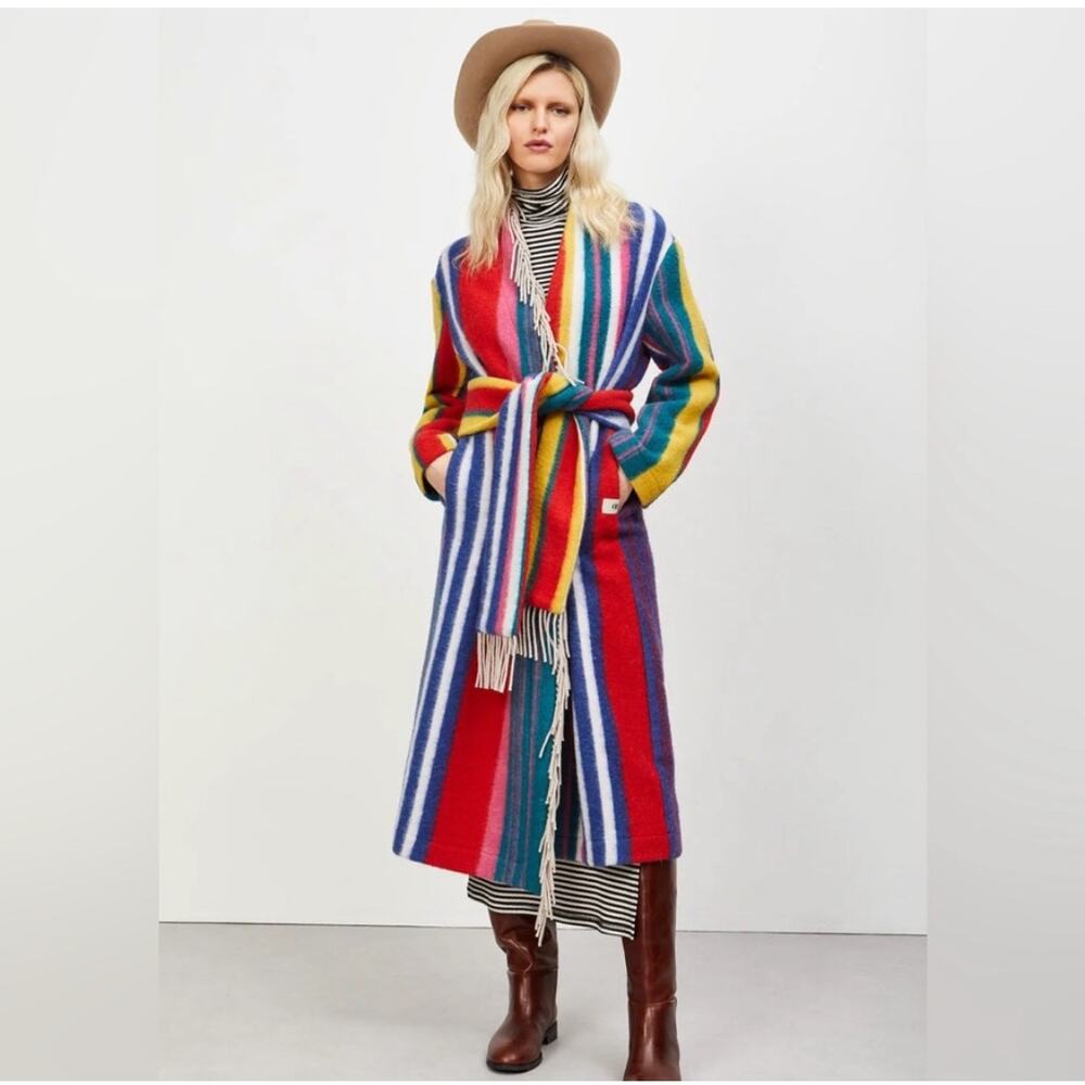 Striped Multicolor Wrap Coat with Belt